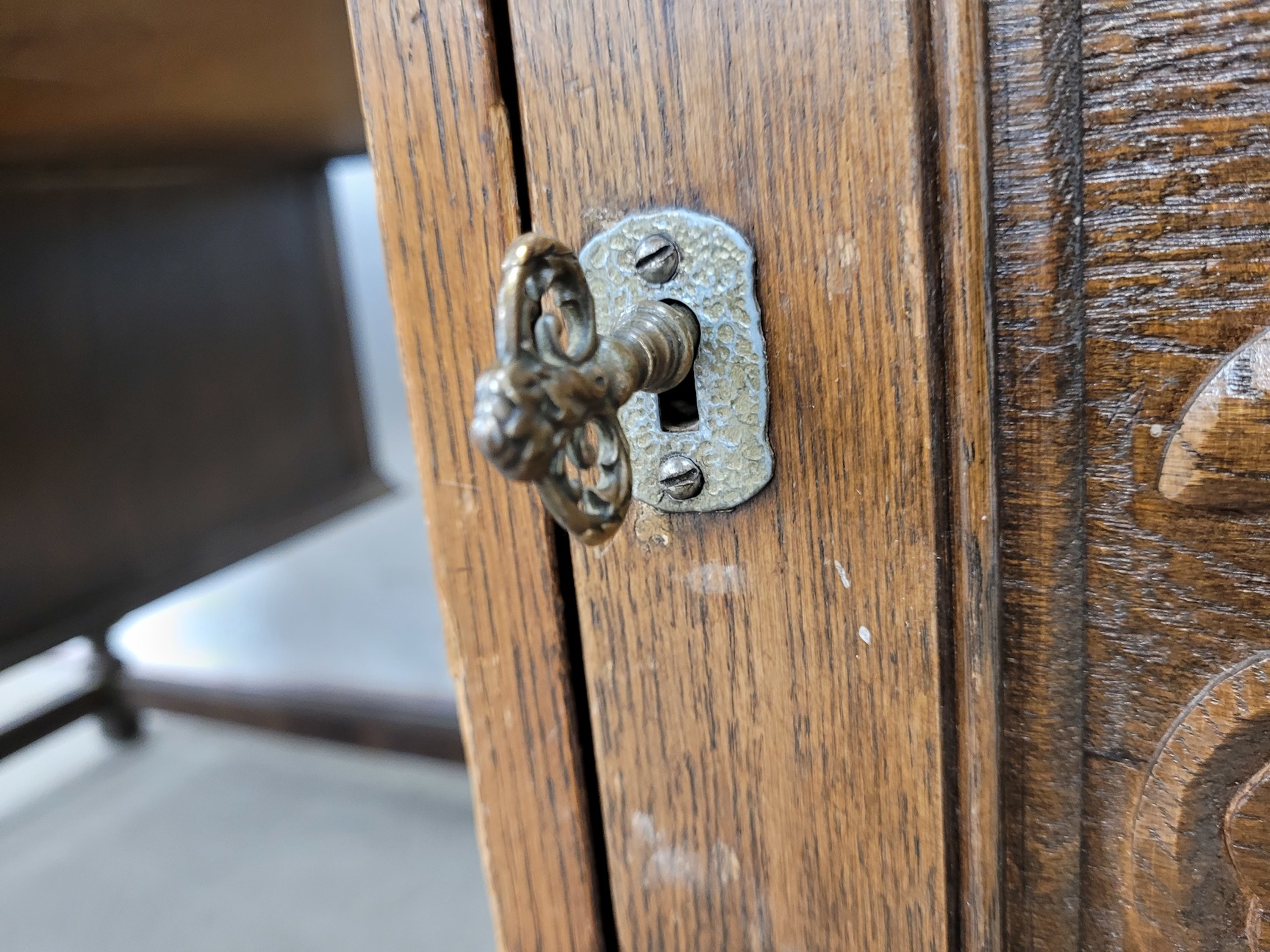 Image of Antique Carved Wood Leather Topped Twin Pedestal Desk with Cupboards and Drawers