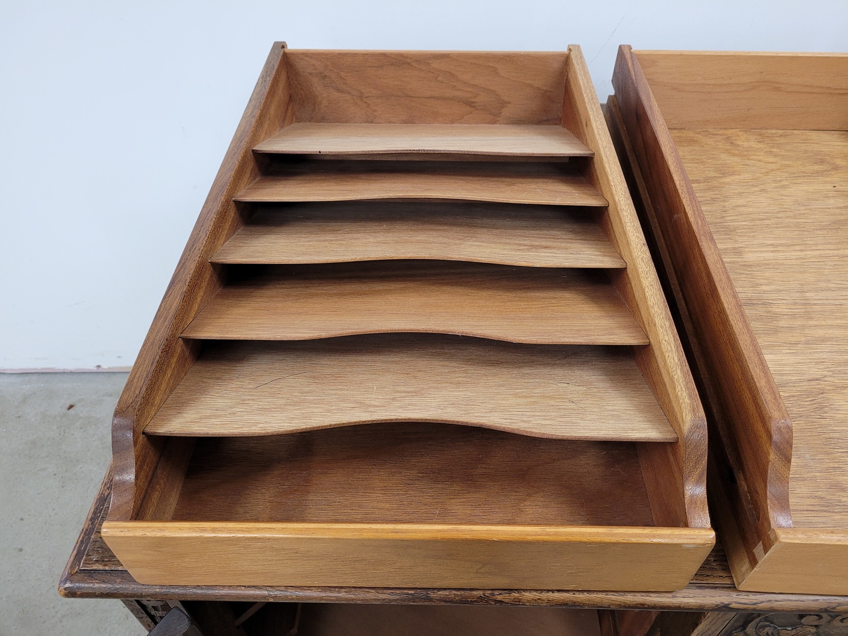 Image of Antique Carved Wood Leather Topped Twin Pedestal Desk with Cupboards and Drawers