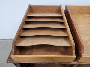 Thumbnail image of Antique Carved Wood Leather Topped Twin Pedestal Desk with Cupboards and Drawers
