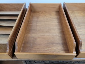 Thumbnail image of Antique Carved Wood Leather Topped Twin Pedestal Desk with Cupboards and Drawers