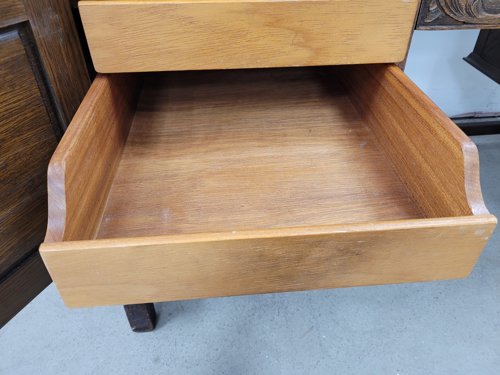 Image of Antique Carved Wood Leather Topped Twin Pedestal Desk with Cupboards and Drawers