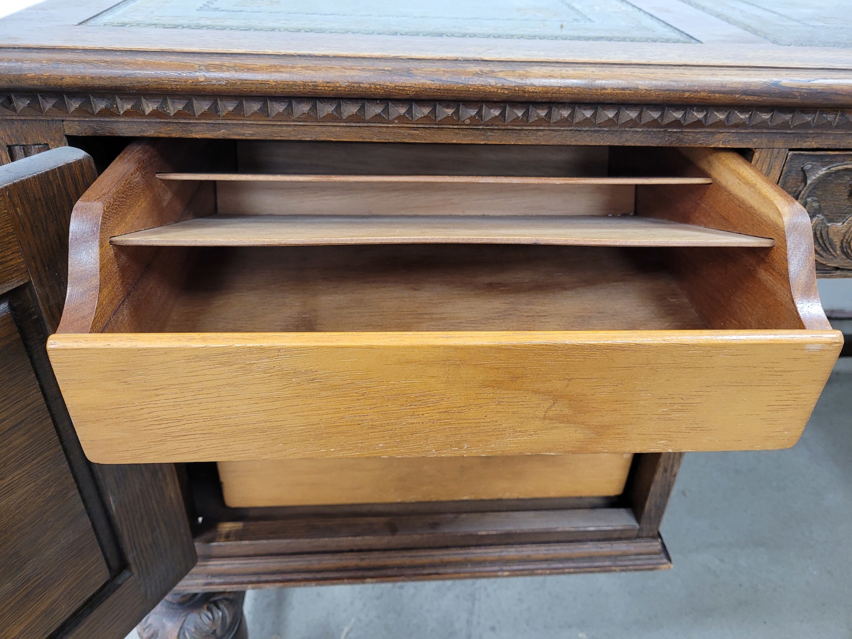 Image of Antique Carved Wood Leather Topped Twin Pedestal Desk with Cupboards and Drawers