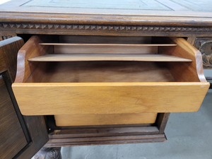 Thumbnail image of Antique Carved Wood Leather Topped Twin Pedestal Desk with Cupboards and Drawers