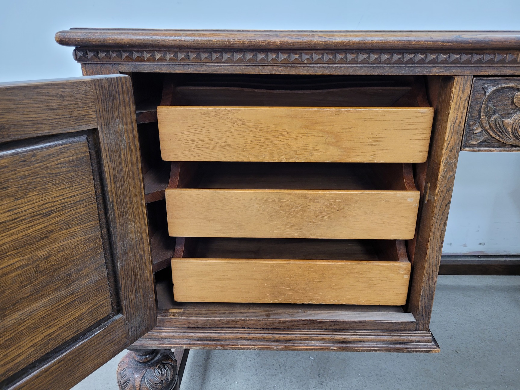 Image of Antique Carved Wood Leather Topped Twin Pedestal Desk with Cupboards and Drawers