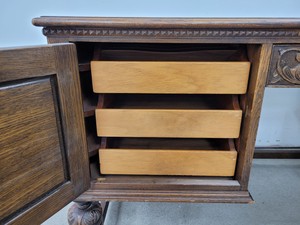 Thumbnail image of Antique Carved Wood Leather Topped Twin Pedestal Desk with Cupboards and Drawers