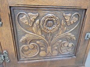 Thumbnail image of Antique Carved Wood Leather Topped Twin Pedestal Desk with Cupboards and Drawers