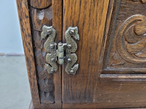 Thumbnail image of Antique Carved Wood Leather Topped Twin Pedestal Desk with Cupboards and Drawers
