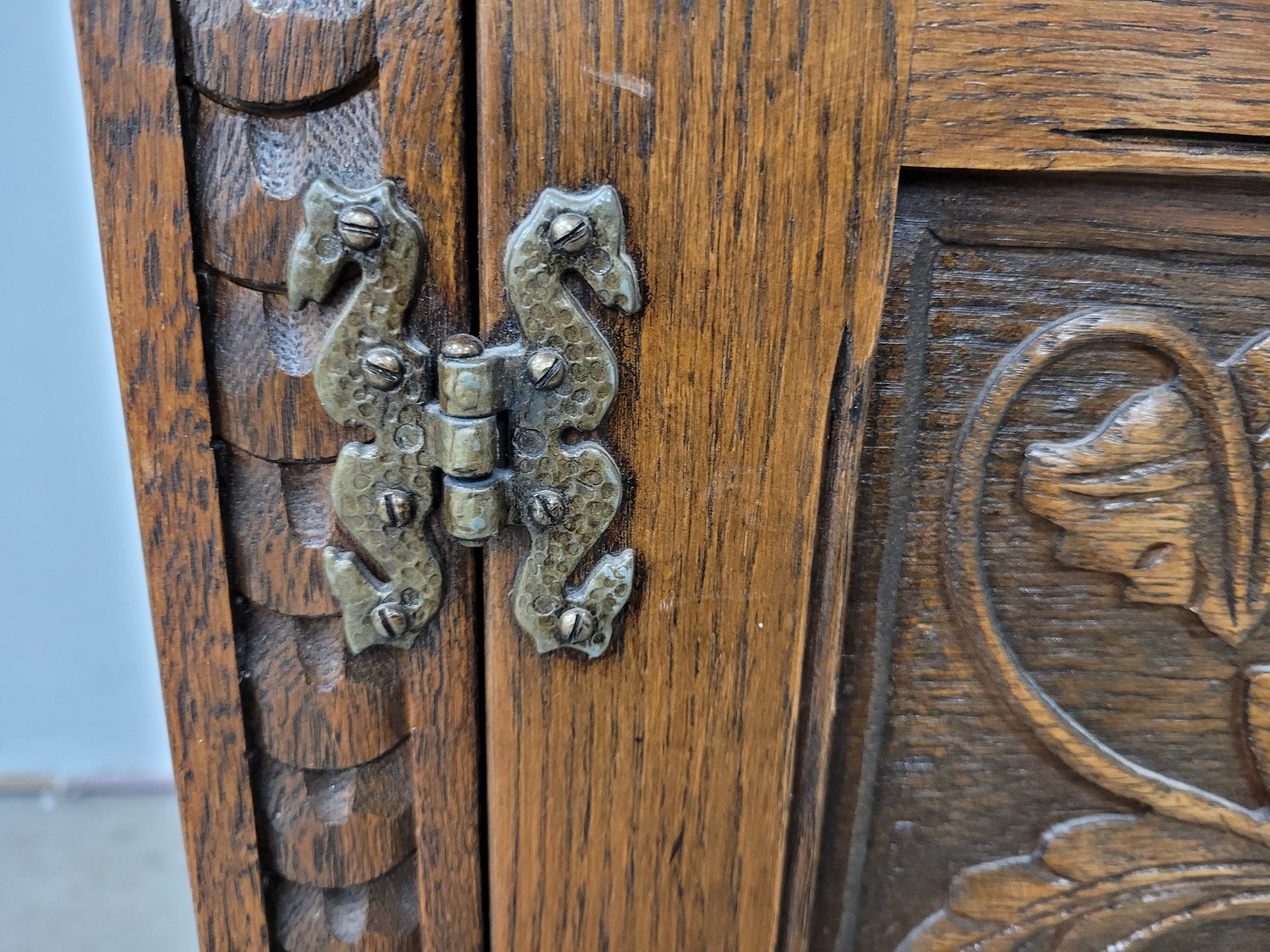 Image of Antique Carved Wood Leather Topped Twin Pedestal Desk with Cupboards and Drawers
