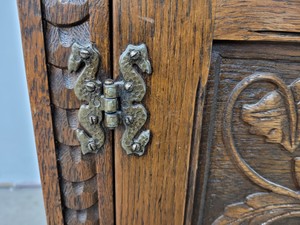 Thumbnail image of Antique Carved Wood Leather Topped Twin Pedestal Desk with Cupboards and Drawers