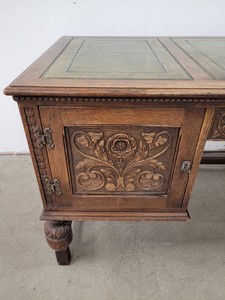 Thumbnail image of Antique Carved Wood Leather Topped Twin Pedestal Desk with Cupboards and Drawers