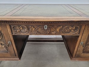 Thumbnail image of Antique Carved Wood Leather Topped Twin Pedestal Desk with Cupboards and Drawers