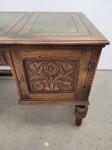 Thumbnail image of Antique Carved Wood Leather Topped Twin Pedestal Desk with Cupboards and Drawers