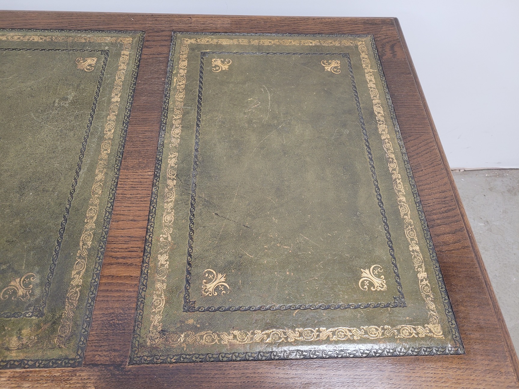 Image of Antique Carved Wood Leather Topped Twin Pedestal Desk with Cupboards and Drawers