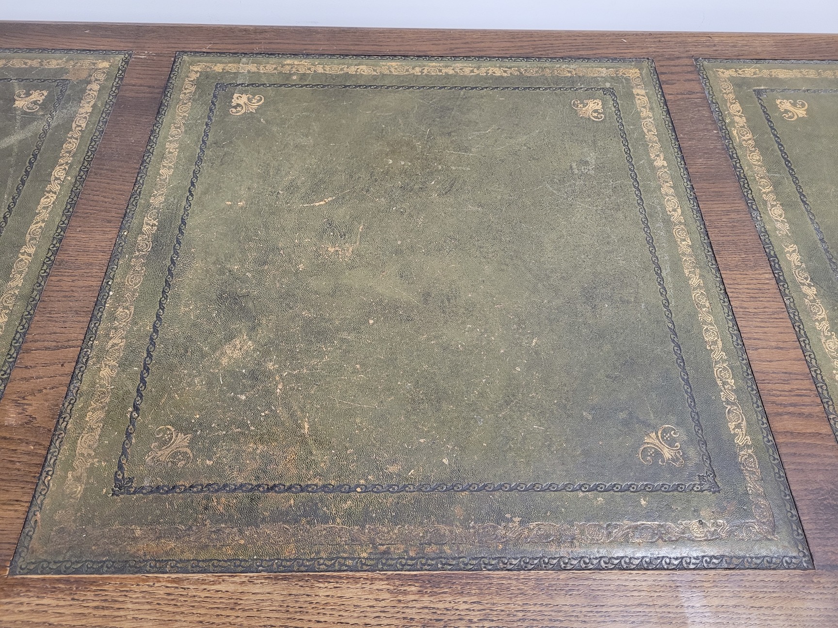 Image of Antique Carved Wood Leather Topped Twin Pedestal Desk with Cupboards and Drawers