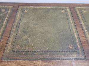 Thumbnail image of Antique Carved Wood Leather Topped Twin Pedestal Desk with Cupboards and Drawers