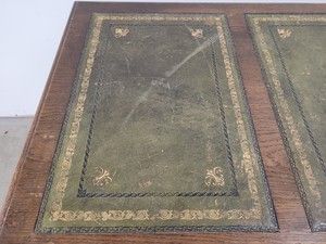 Thumbnail image of Antique Carved Wood Leather Topped Twin Pedestal Desk with Cupboards and Drawers