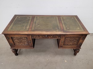 Thumbnail image of Antique Carved Wood Leather Topped Twin Pedestal Desk with Cupboards and Drawers