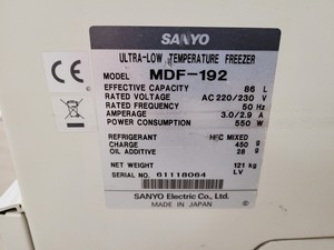 Thumbnail image of Sanyo MDF-192 Ultra Low Temperature Freezer Lab - Spares/Repairs