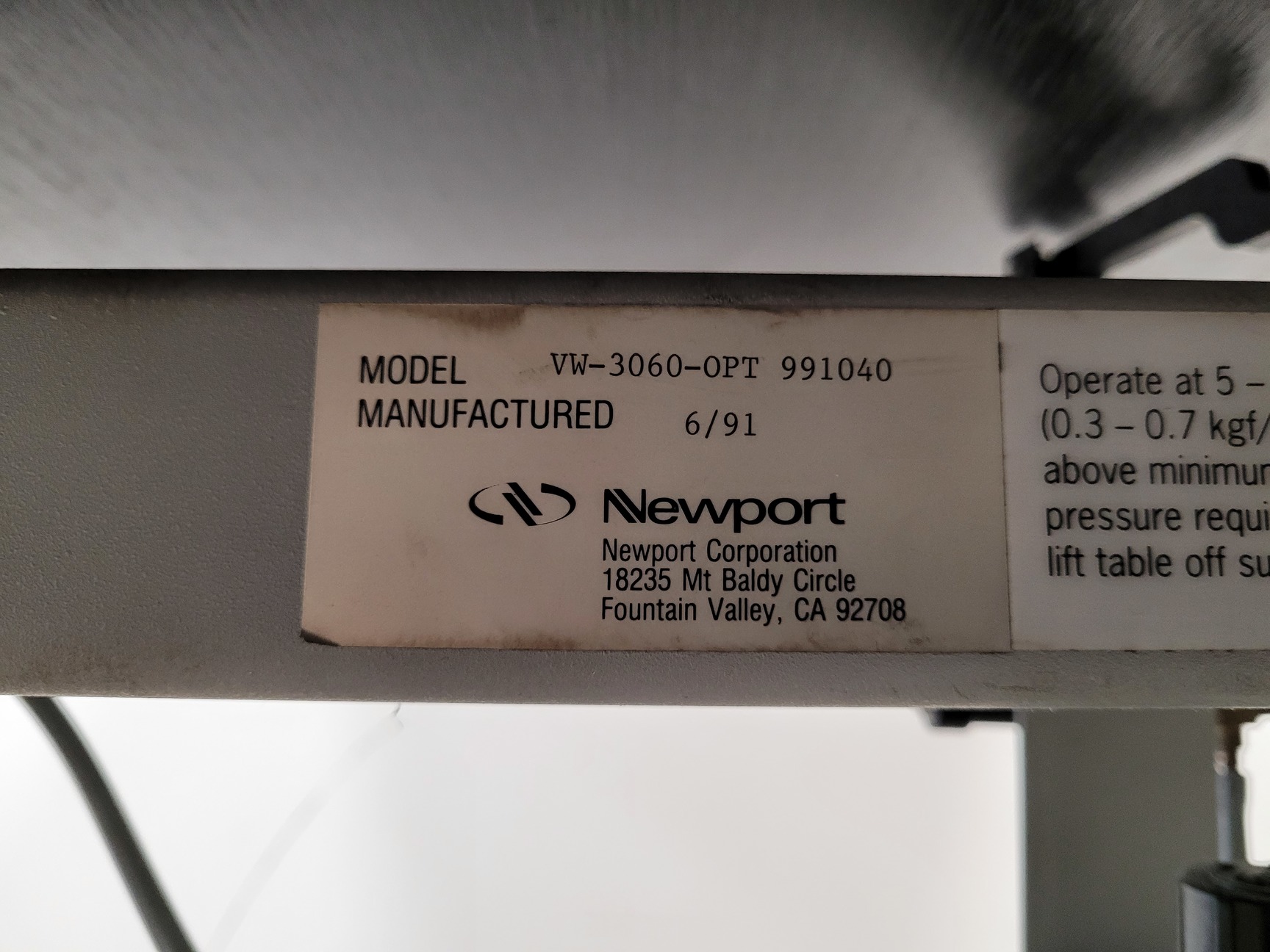 Image of Newport Optics Table  Model - VW-3060-OPT 991040 -  L241 x W76 x H81cm Lab