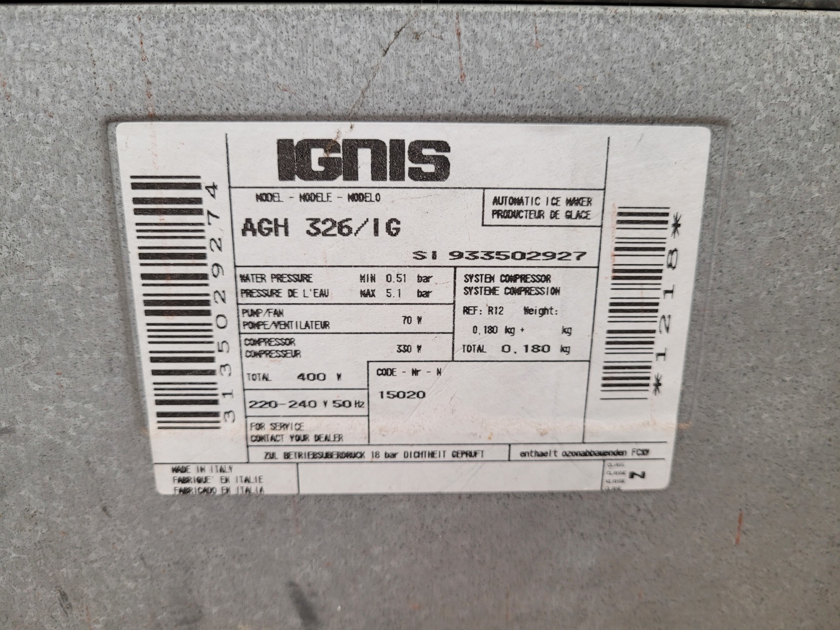 Image of Ignis Blizzard 20 Ice Maker Machine Model no. AGH 326/IG Lab