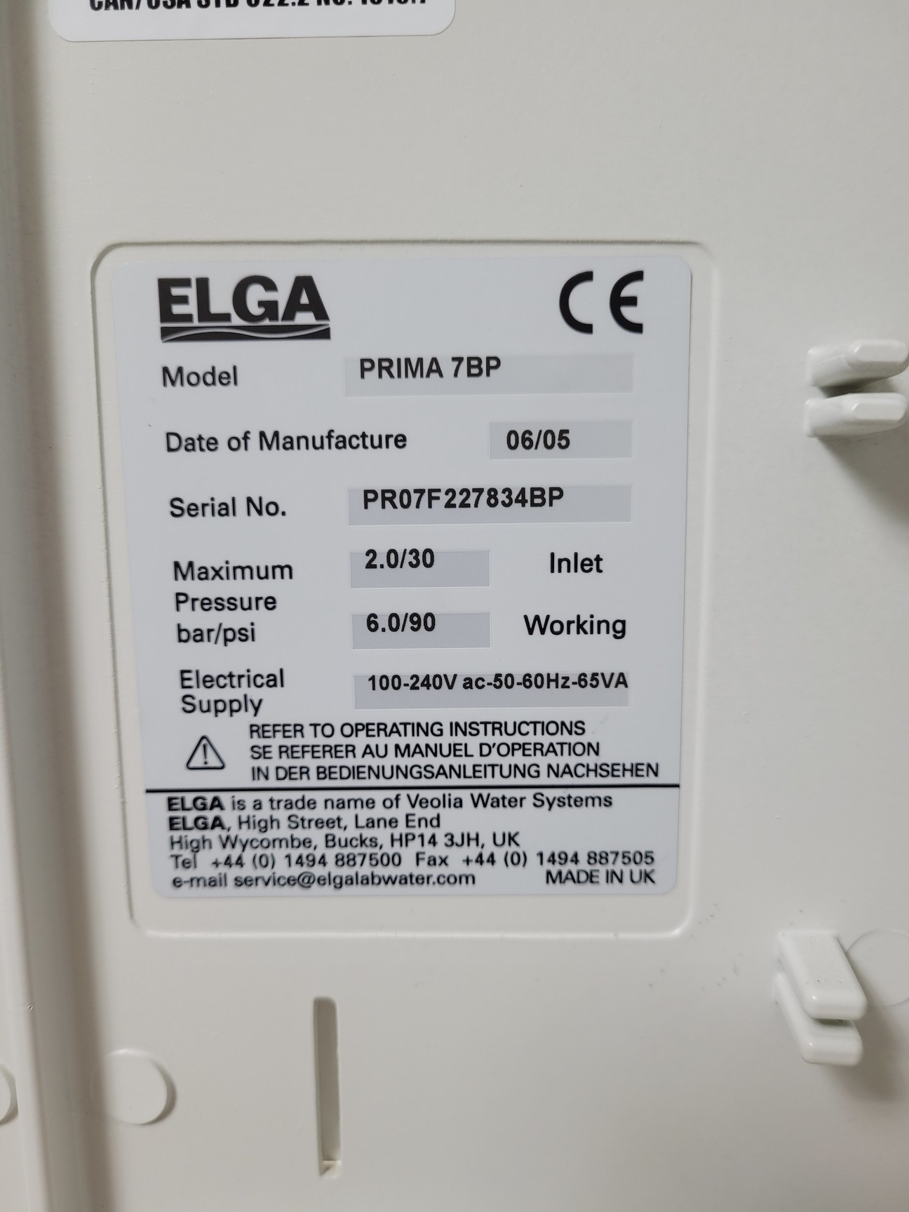 Image of Elga Water Purification System Model Prima 7BP & DV 35 LA620 Docking Vessel