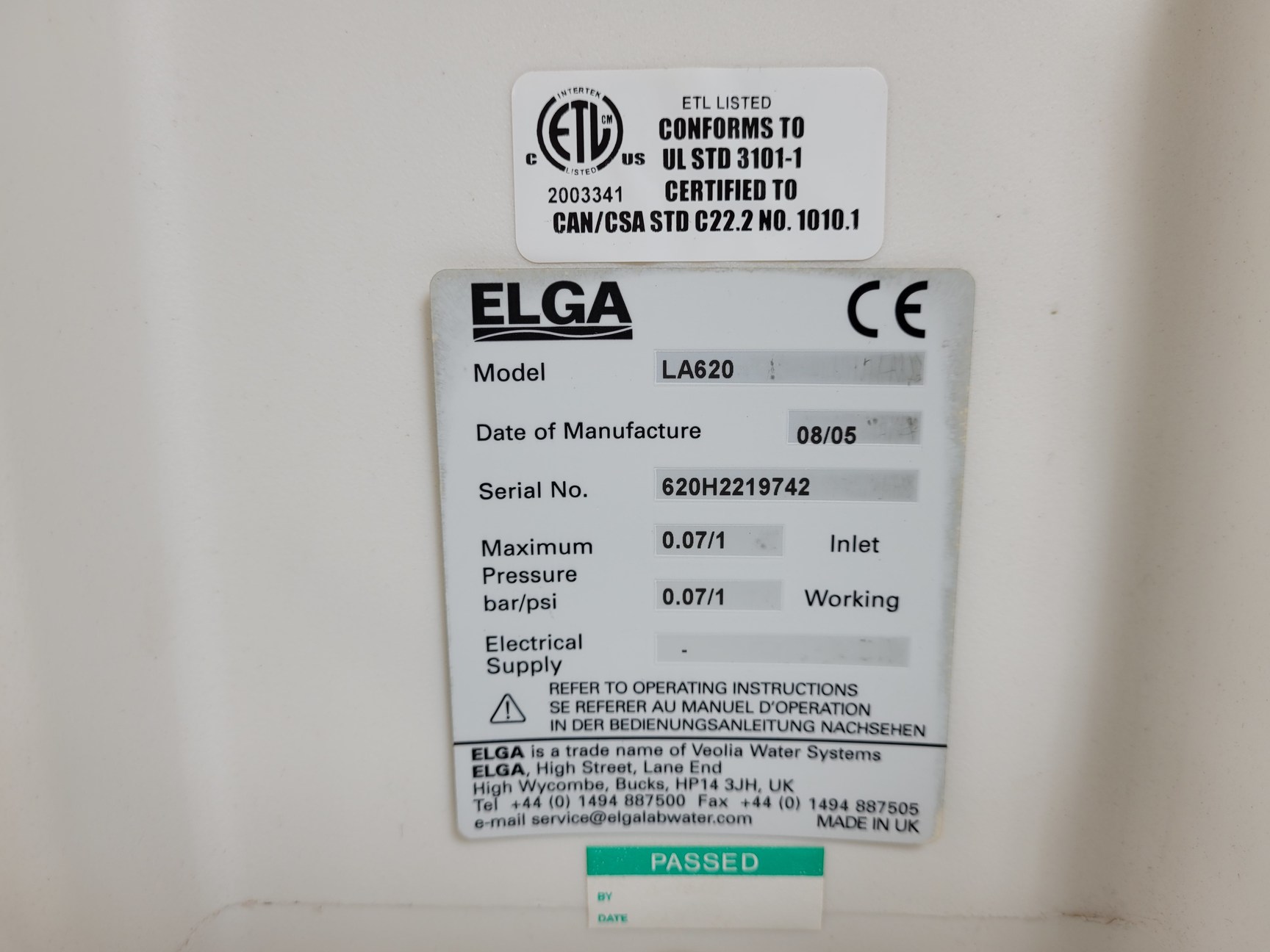 Image of Elga Water Purification System Model Prima 7BP & DV 35 LA620 Docking Vessel