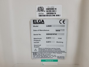 Thumbnail image of Elga Water Purification System Model Prima 7BP & DV 35 LA620 Docking Vessel