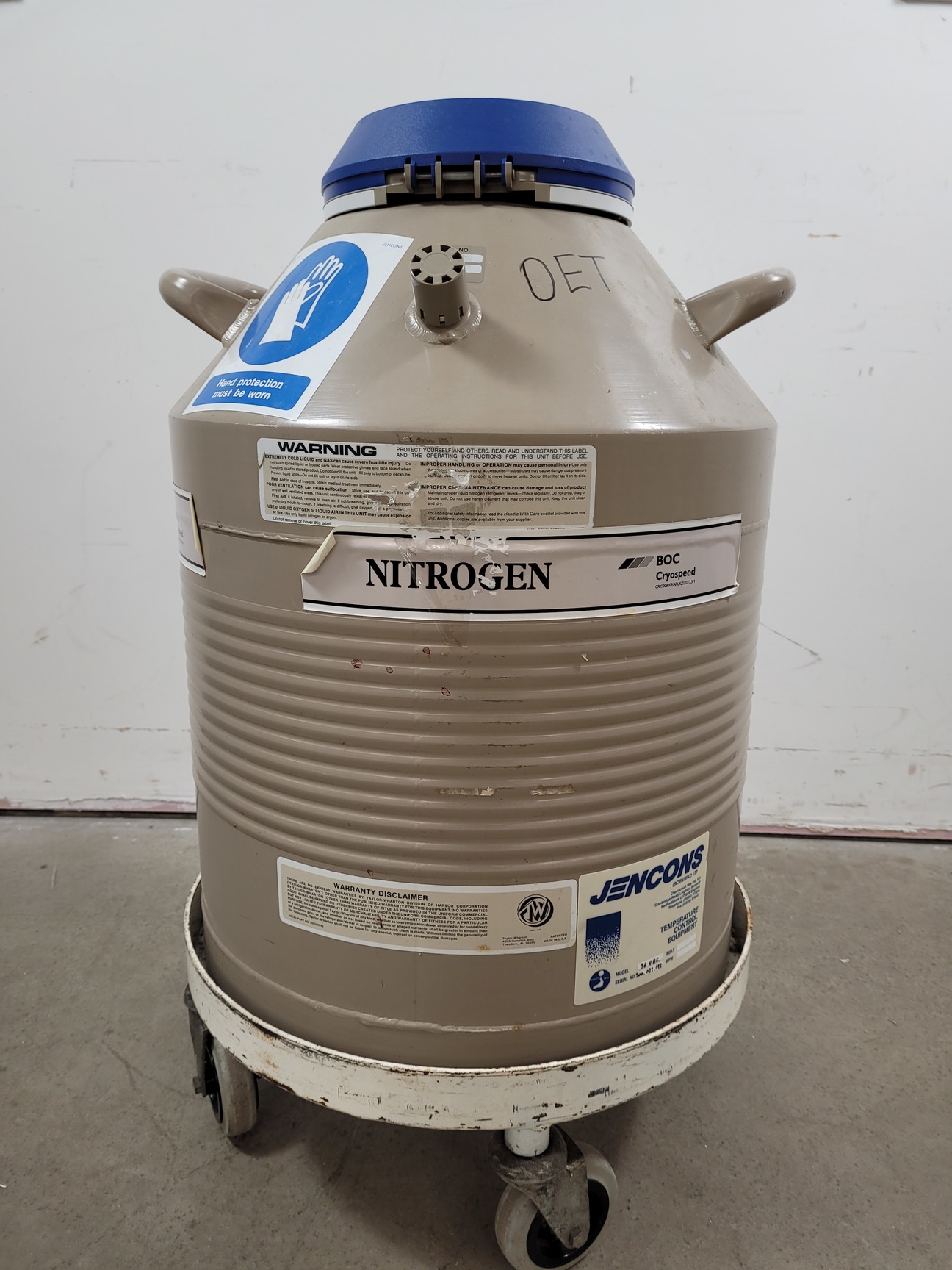 Image of Taylor-Wharton Jencons 36-VHC Liquid Nitrogen Dewar with Racks and Trolley Lab