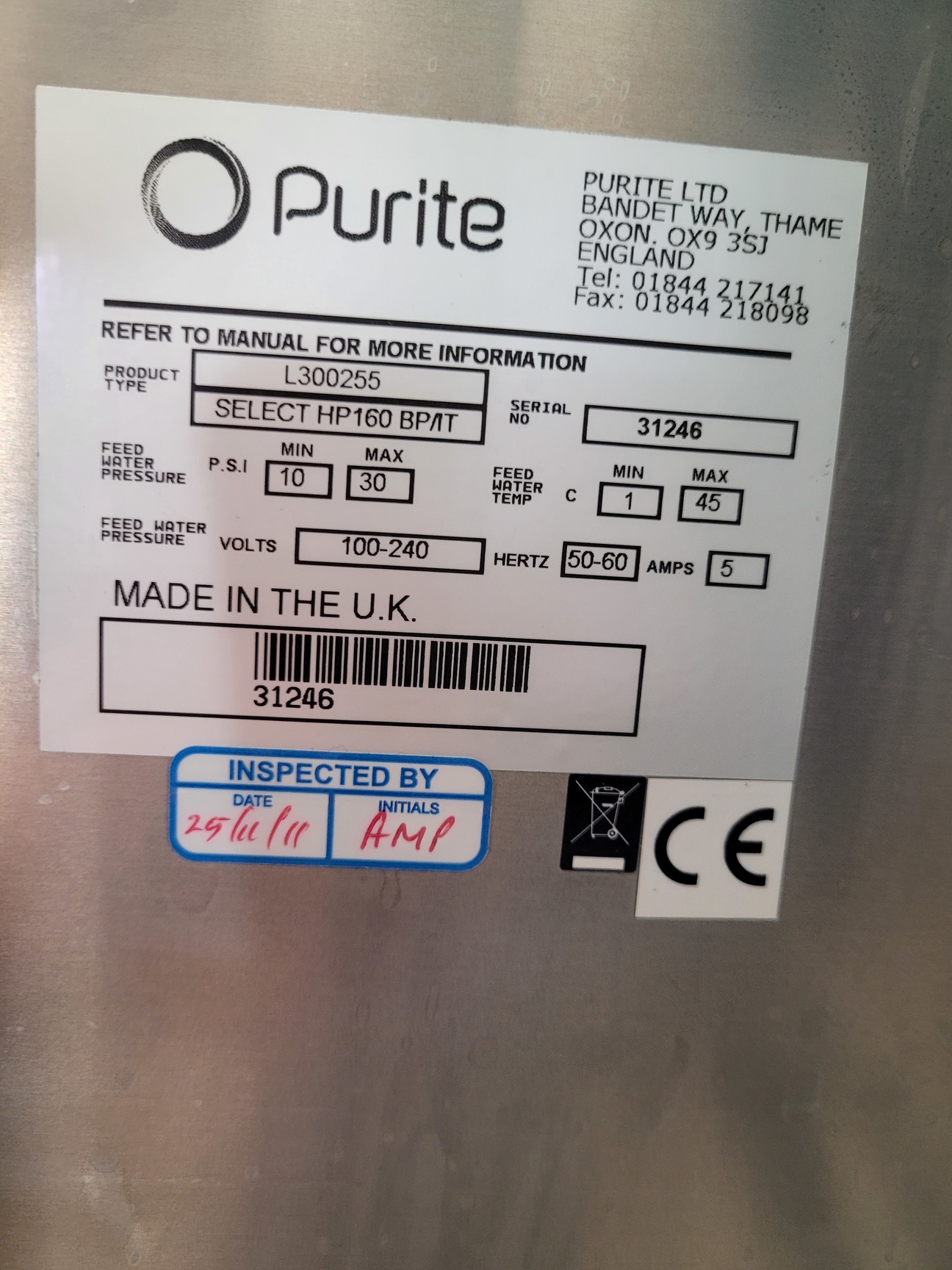 Image of Purite L300255 Water Purification System  Model: Select HP160 BP/IT Lab