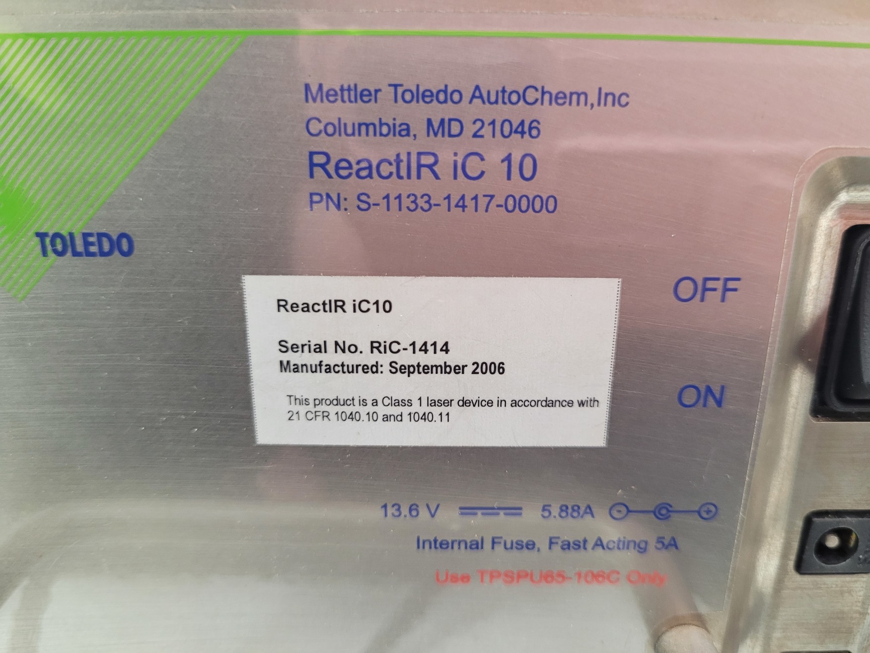 Image of Mettler Toledo ReactiR iC10 w FTIR Spectrometer System & Software Lab Fulty