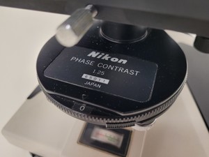 Thumbnail image of Nikon Optiphot Microscope with 3 x Objectives - Ph 3 DL, Ph1, 4/0.1 160/- Lab
