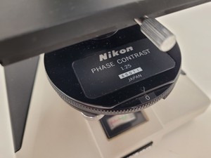 Thumbnail image of Nikon Optiphot Microscope with 3 x Objectives - Ph 3 DL, Ph1, 4/0.1 160/- Lab