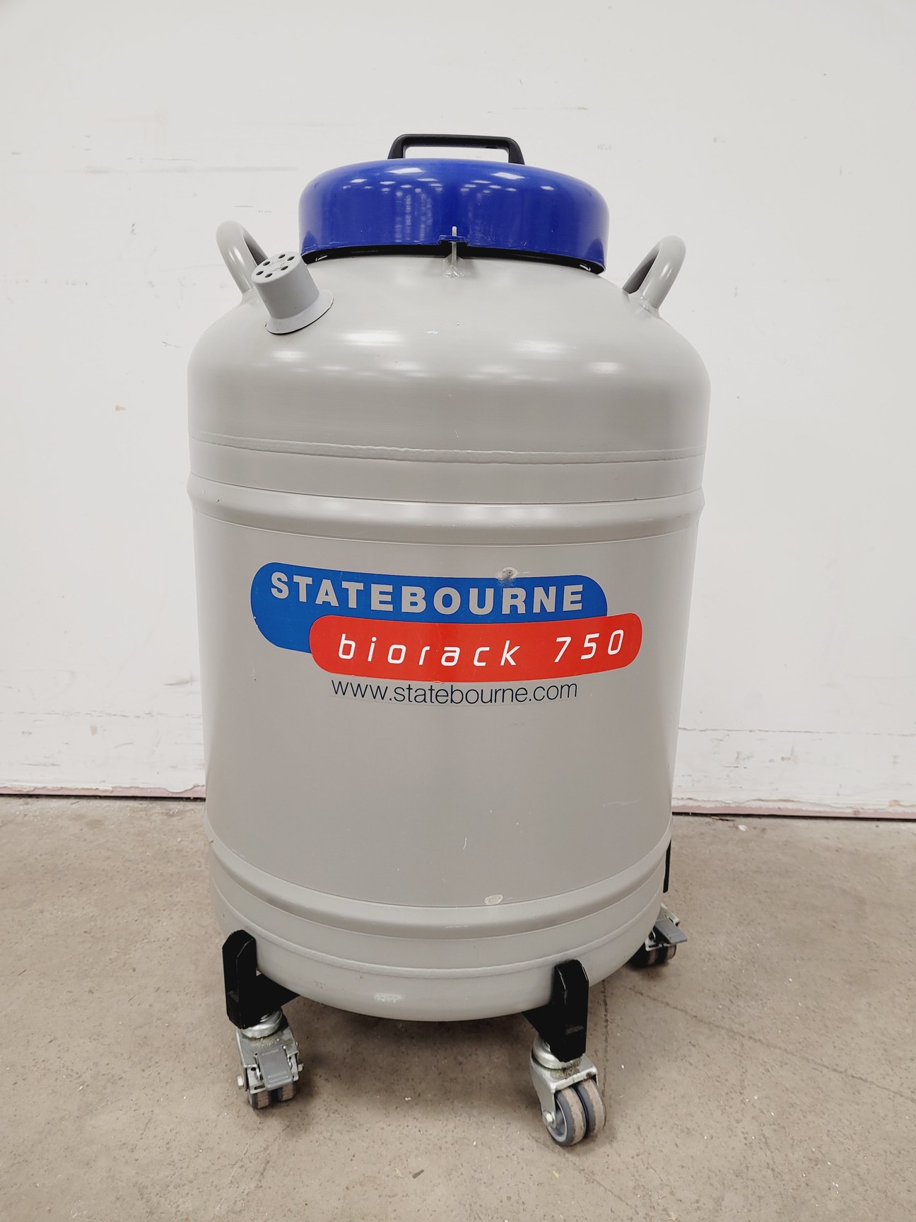 Image of Statebourne Biorack Model 750 35L Liquid Nitrogen Dewar w/ Trolley & Racking Lab