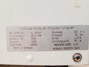 Thumbnail image of Heraeus Sepatech Megafuge 1.0 Benchtop Laboratory Centrifuge w/ Rotor Lab Faulty