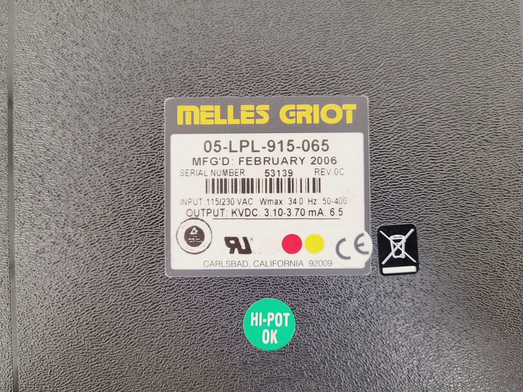 Image of Melles Griot Model 05-LPL-915-065 Laser Power Supply    Lab
