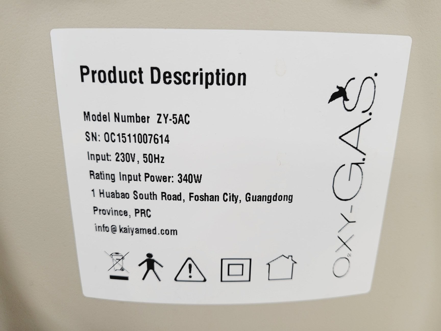 Image of OXYGAS Oxygen Concentrator Model - ZY-5AC Lab Spares/Repairs
