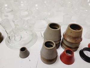 Thumbnail image of Large Lot of 28 Laboratory Round Bottom Flange Flasks - Quickfit, Schott, Lab