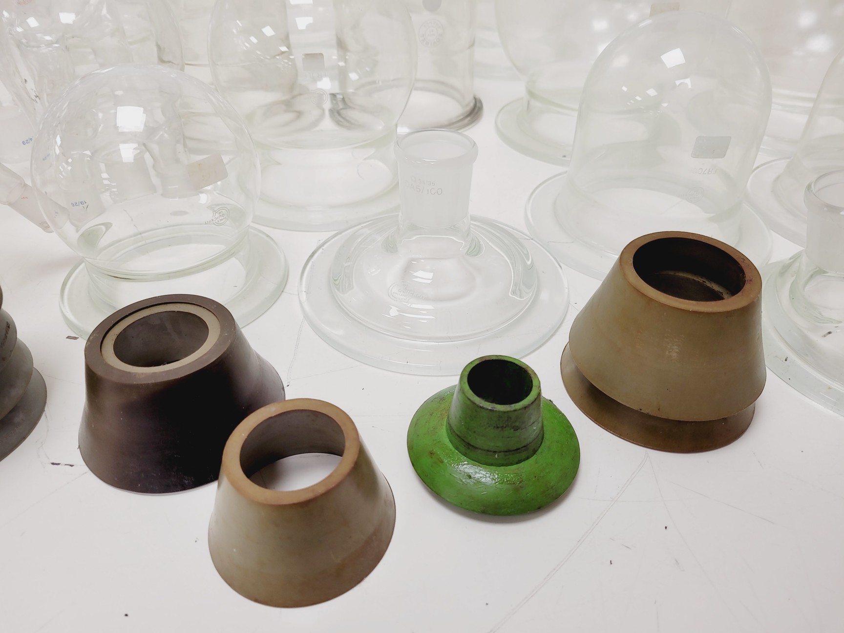 Image of Large Lot of 28 Laboratory Round Bottom Flange Flasks - Quickfit, Schott, Lab