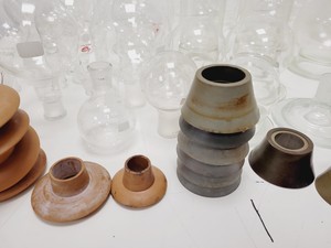 Thumbnail image of Large Lot of 28 Laboratory Round Bottom Flange Flasks - Quickfit, Schott, Lab