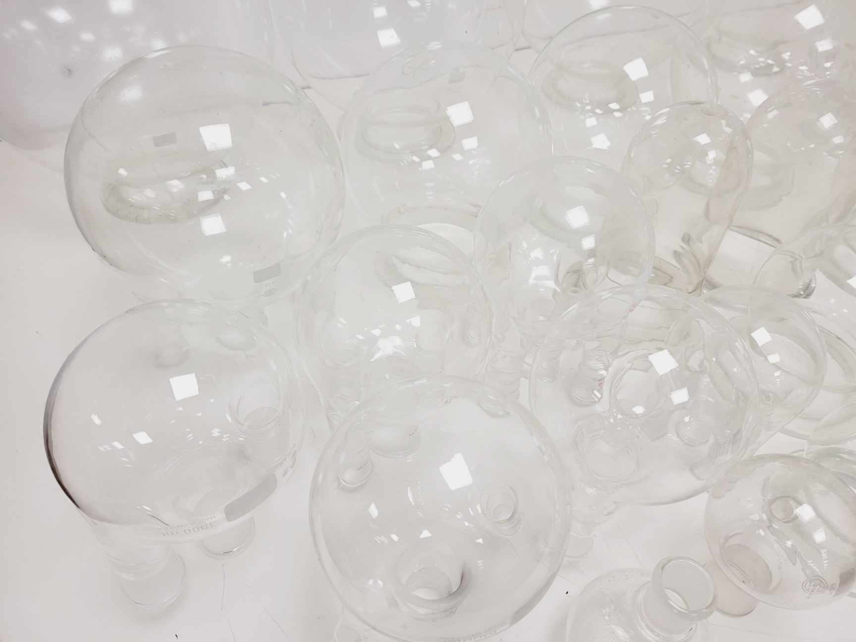 Image of Large Lot of 28 Laboratory Round Bottom Flange Flasks - Quickfit, Schott, Lab