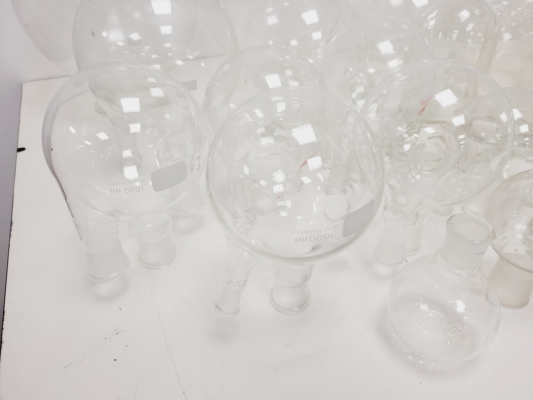 Image of Large Lot of 28 Laboratory Round Bottom Flange Flasks - Quickfit, Schott, Lab