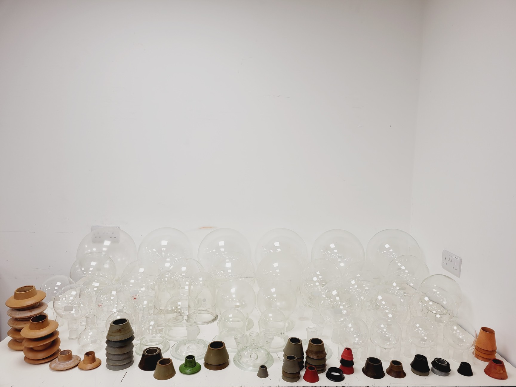 Image of Large Lot of 28 Laboratory Round Bottom Flange Flasks - Quickfit, Schott, Lab