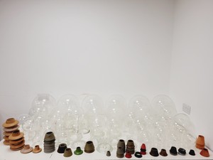 Thumbnail image of Large Lot of 28 Laboratory Round Bottom Flange Flasks - Quickfit, Schott, Lab