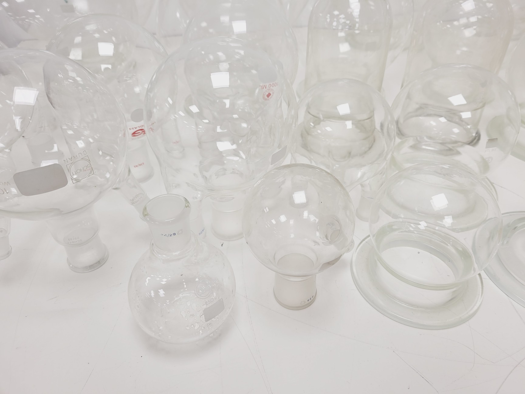 Image of Large Lot of 28 Laboratory Round Bottom Flange Flasks - Quickfit, Schott, Lab