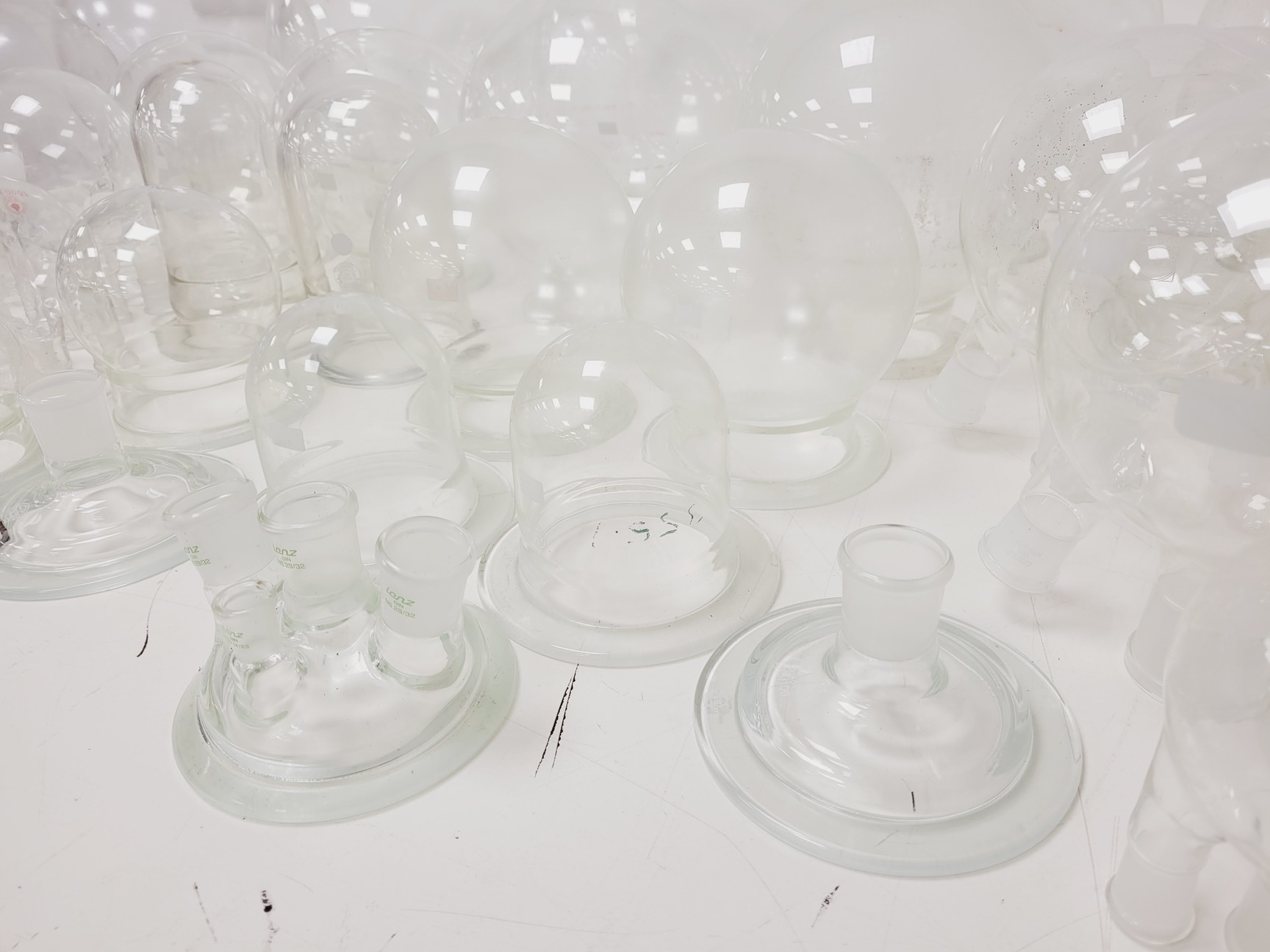 Image of Large Lot of 28 Laboratory Round Bottom Flange Flasks - Quickfit, Schott, Lab