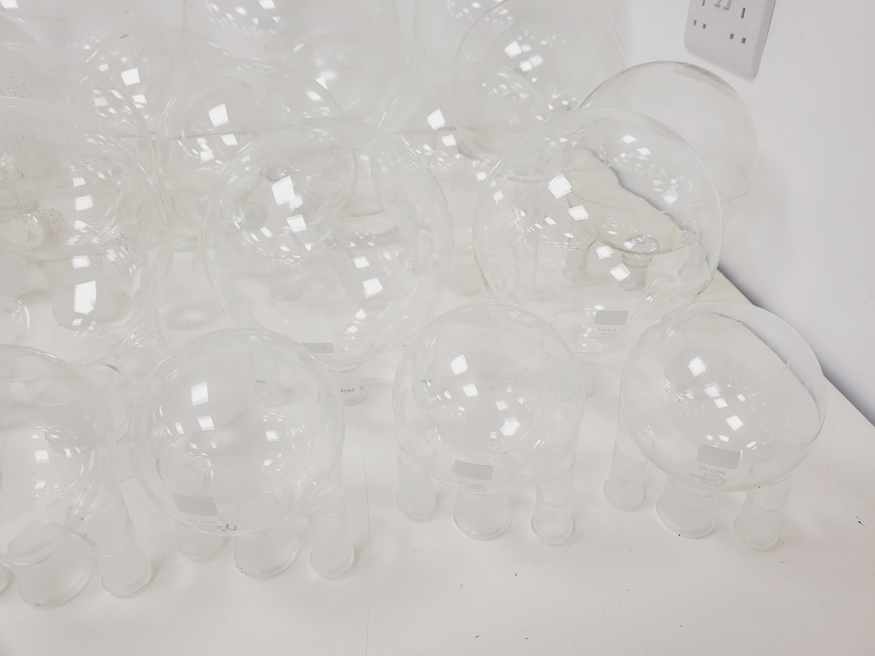 Image of Large Lot of 28 Laboratory Round Bottom Flange Flasks - Quickfit, Schott, Lab