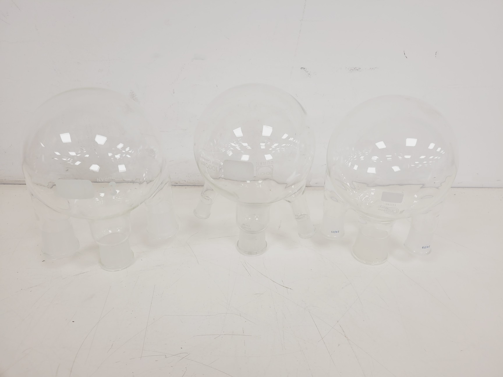 Image of Large Lot of 28 Laboratory Round Bottom Flange Flasks - Quickfit, Schott, Lab