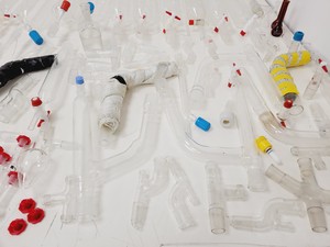 Thumbnail image of Large Lot of Distillation Laboratory Glassware - Jointed Tubes, Clamps Quickfit