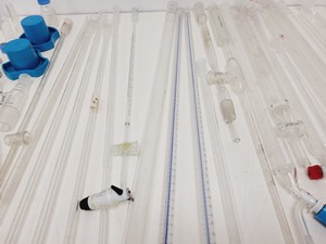 Thumbnail image of Large Lot of Distillation Laboratory Glassware - Jointed Tubes, Clamps Quickfit