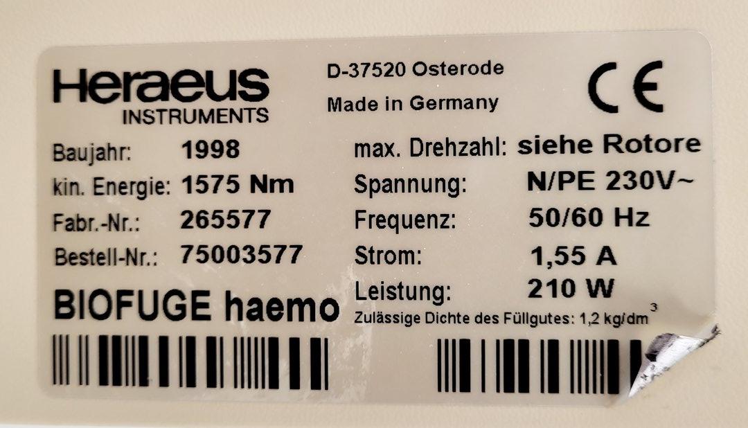 Image of Heraeus Biofuge Haemo Centrifuge with 1067 Haematocrit Dish Rotor Lab